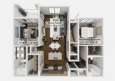 Floor plan for 2 beds, 2 baths, 1202 sqft